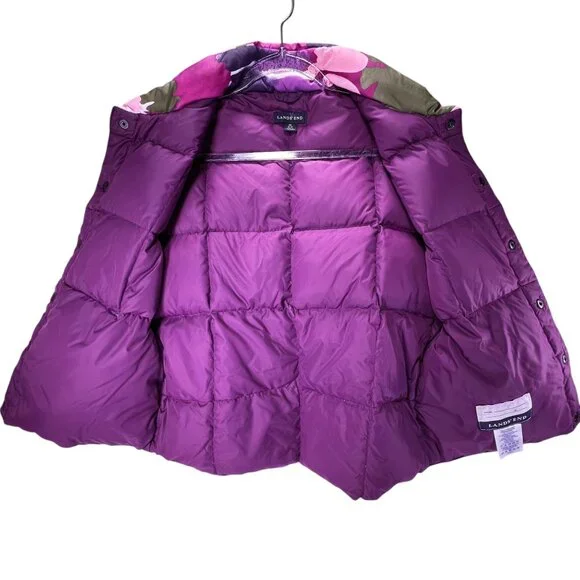 Lands End Floral Down Puffer Vest M 10-12 Bright Snap Close Pink Green Purple - Picture 4 of 14